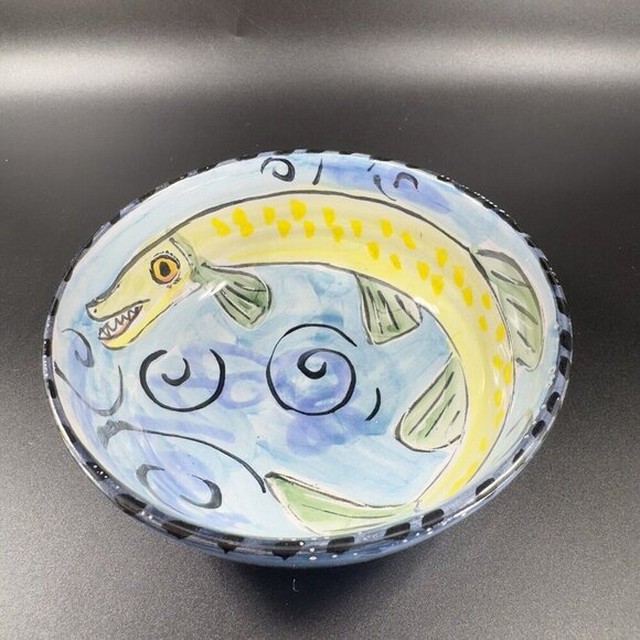 Hand Made Italian Pottery Dish Bowl Artist Signed Hand Painted Fish Animal Dish - Picture 11 of 12